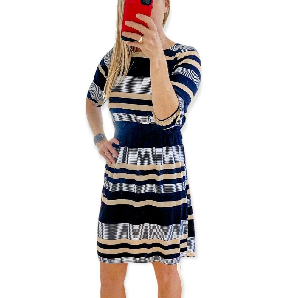 Anthropologie Needle & Thread Dress Blue Long Sleeve Gold Stripes - Picture 2 of 12